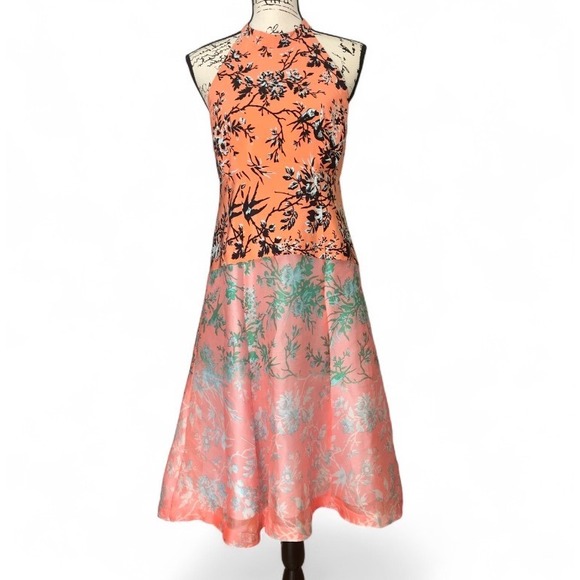 Nanette Lepore Floral Halter Midi Dress Peach Orange Sleeveless Party Cocktail 6 - Picture 1 of 16